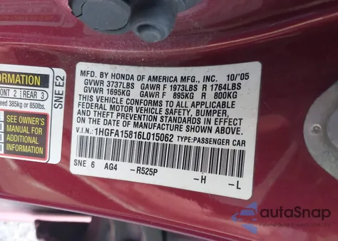 2006 Honda Civic Ex from USA, damaged, VIN 1HGFA15816L015062